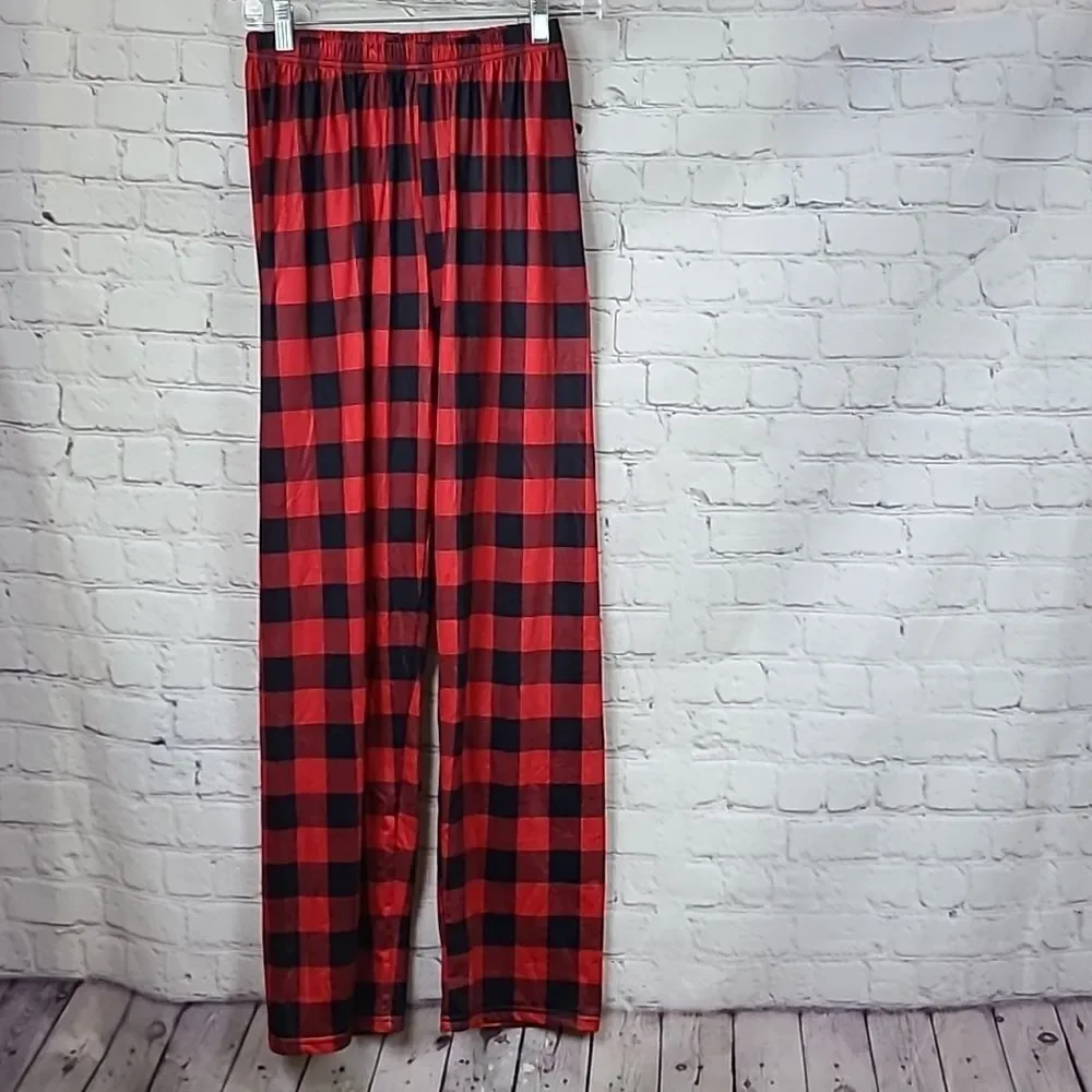 Fleece Lined Red Buffalo Plaid Holiday Reindeer Women's Christmas Pajamas Set S